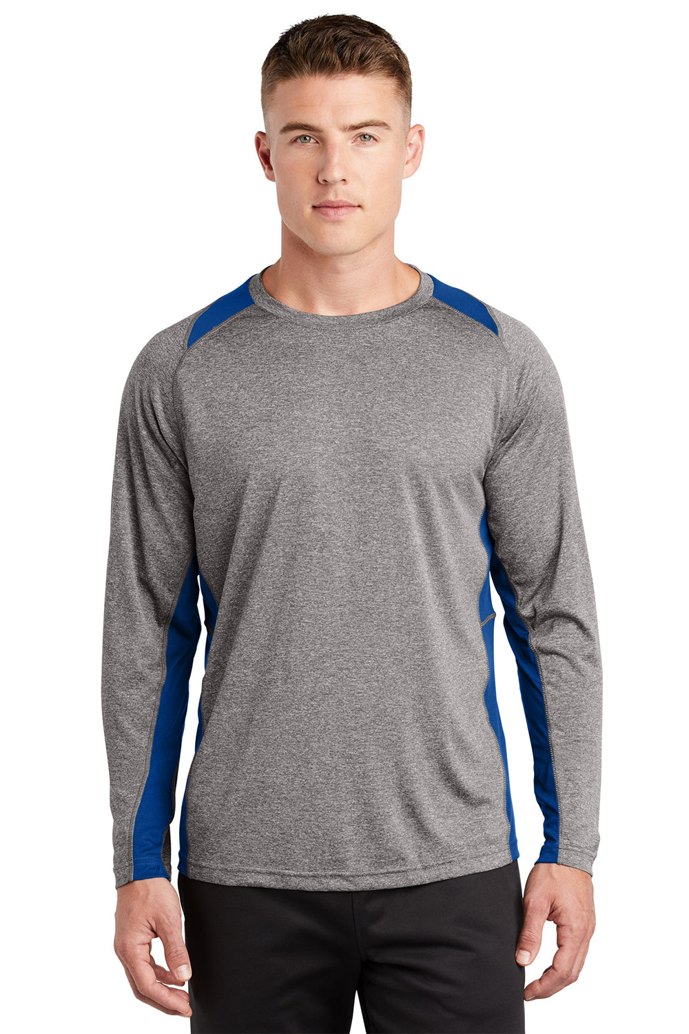 Sport-Tek ST361LS Mens Contender Heather Moisture Wicking Long Sleeve Crewneck T-Shirt Heather Vintage Grey/True Royal Blue Model Front