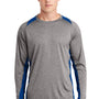 Sport-Tek Mens Contender Heather Moisture Wicking Long Sleeve Crewneck T-Shirt - Heather Vintage Grey/True Royal Blue