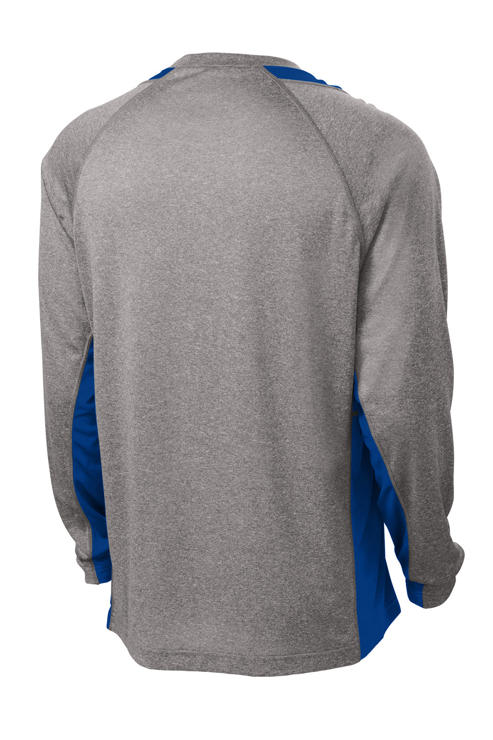 Sport-Tek ST361LS Mens Contender Heather Moisture Wicking Long Sleeve Crewneck T-Shirt Heather Vintage Grey/True Royal Blue Flat Back