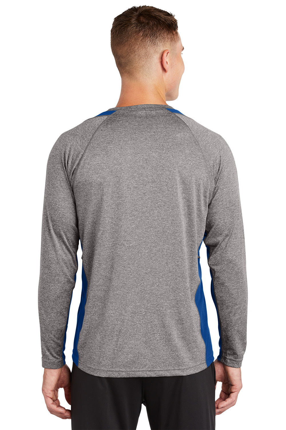 Sport-Tek ST361LS Mens Contender Heather Moisture Wicking Long Sleeve Crewneck T-Shirt Heather Vintage Grey/True Royal Blue Model Back