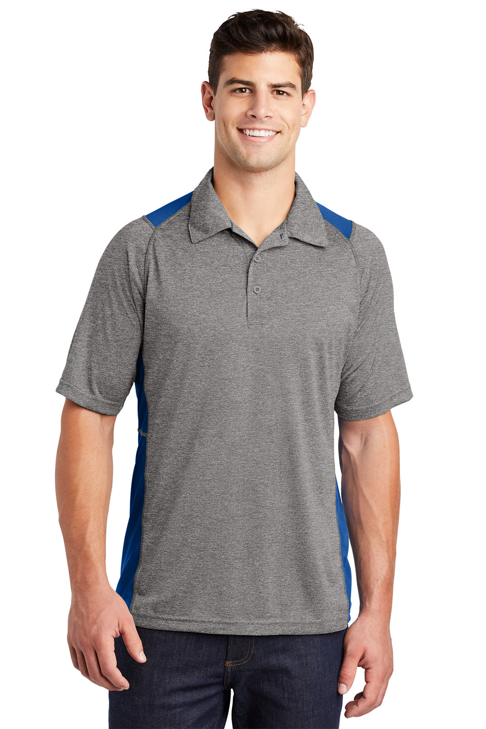 Sport-Tek ST665 Mens Heather Contender Moisture Wicking Short Sleeve Polo Shirt Heather Vintage Grey/True Royal Blue Model Front