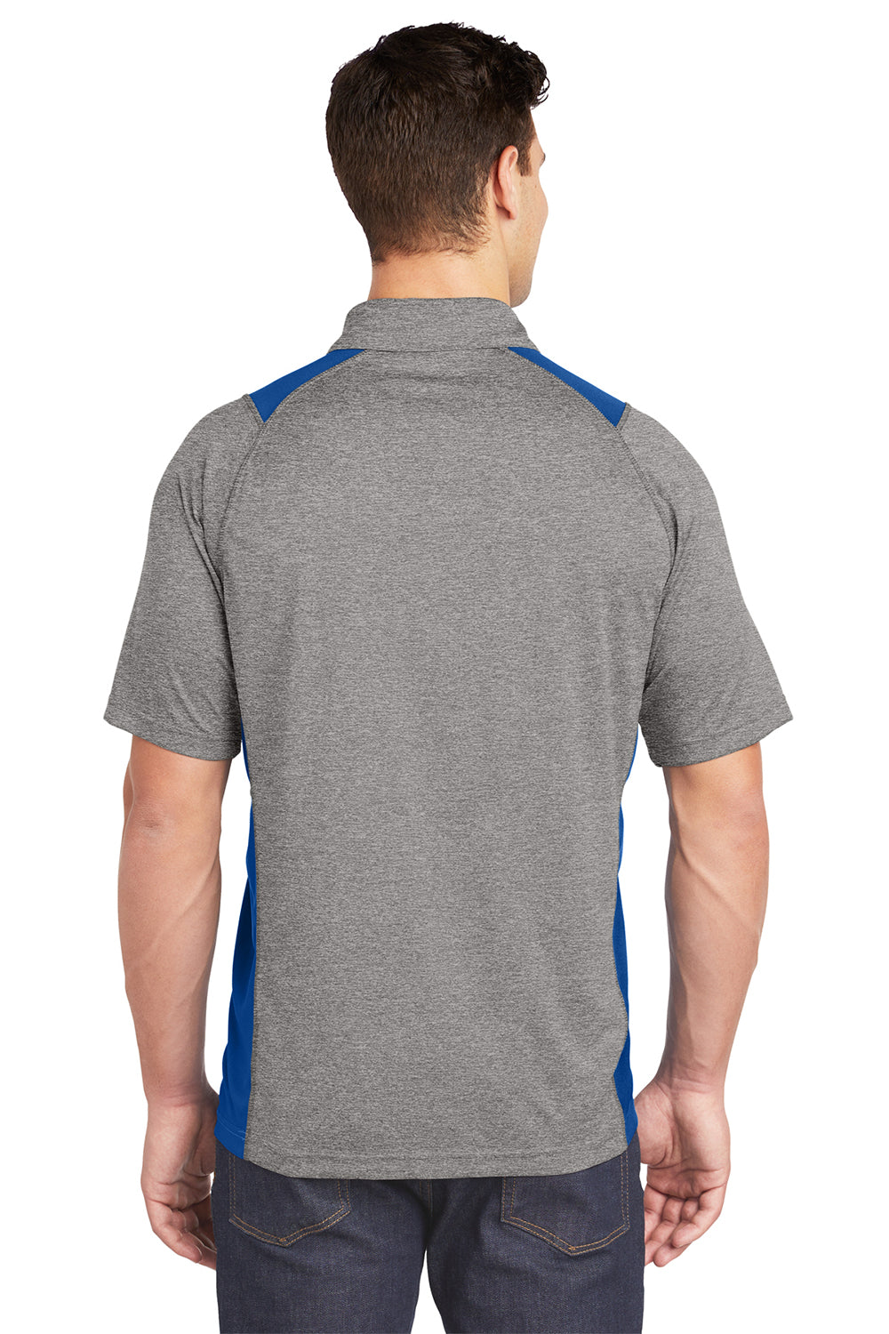 Sport-Tek ST665 Mens Heather Contender Moisture Wicking Short Sleeve Polo Shirt Heather Vintage Grey/True Royal Blue Model Back