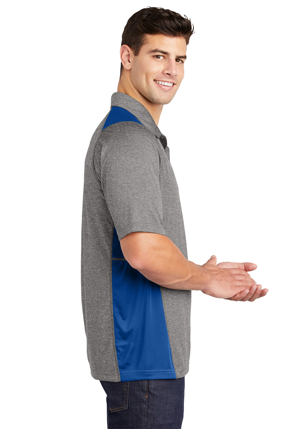 Sport-Tek ST665 Mens Heather Contender Moisture Wicking Short Sleeve Polo Shirt Heather Vintage Grey/True Royal Blue Model Side