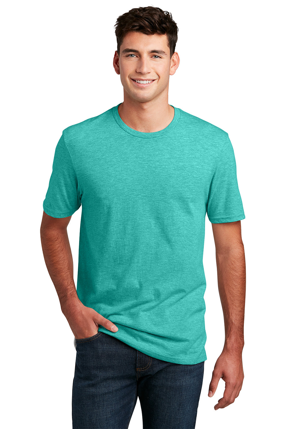 District DM108 Mens Perfect Blend Short Sleeve Crewneck T-Shirt Heather Aqua Blue Model Front