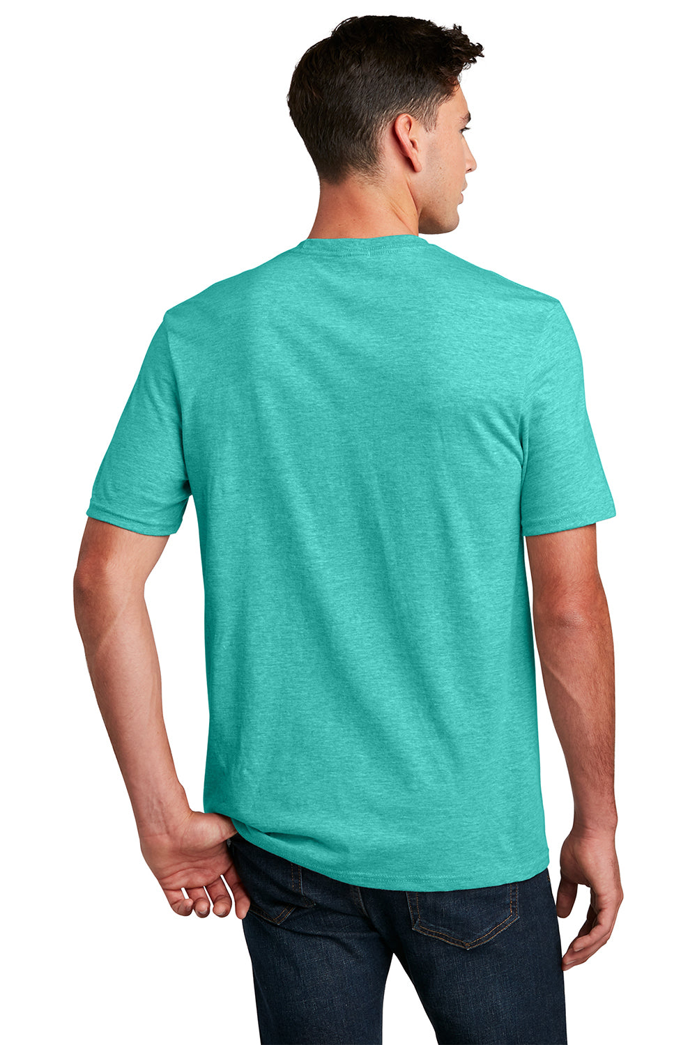 District DM108 Mens Perfect Blend Short Sleeve Crewneck T-Shirt Heather Aqua Blue Model Back