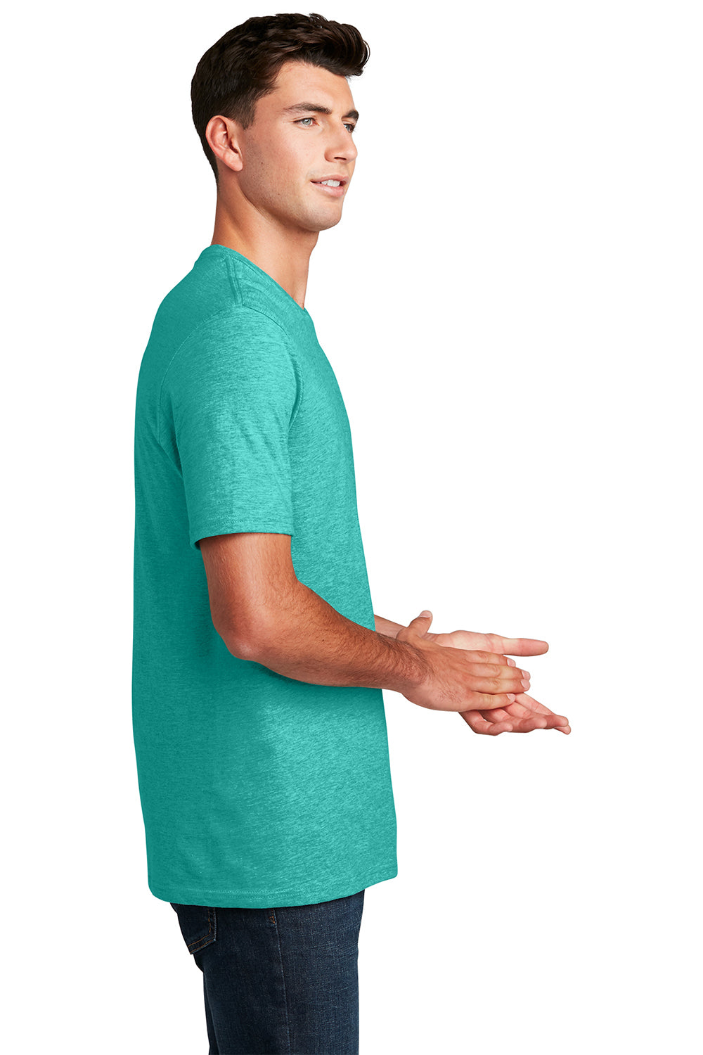 District DM108 Mens Perfect Blend Short Sleeve Crewneck T-Shirt Heather Aqua Blue Model Side