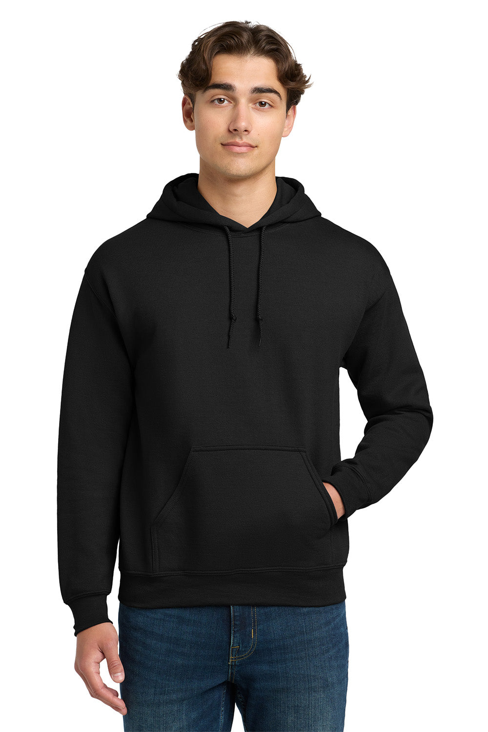 Gildan 12500/G125 Mens DryBlend Moisture Wicking Hooded Sweatshirt Hoodie w/ Pouch Pocket Black Model Front