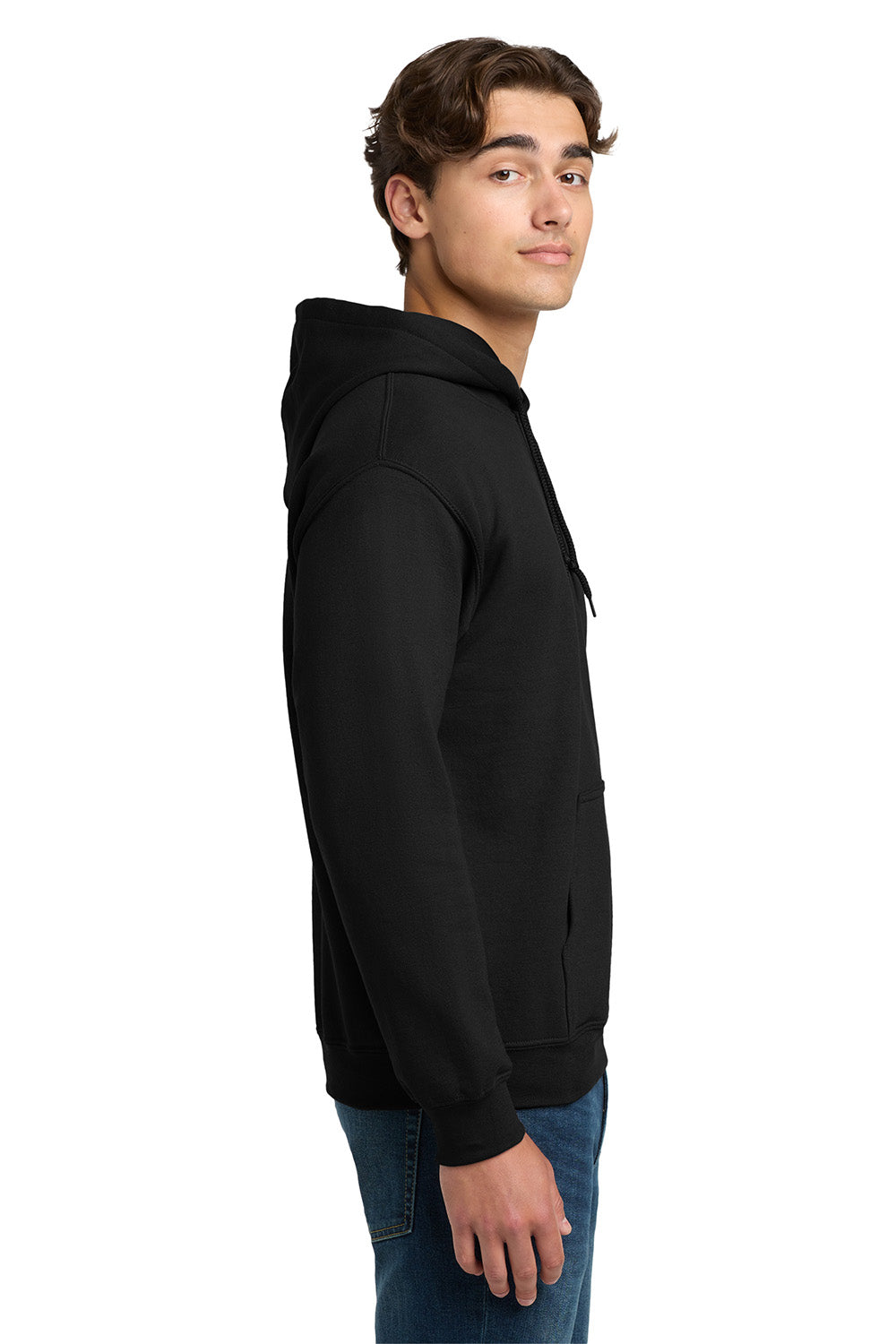 Gildan 12500/G125 Mens DryBlend Moisture Wicking Hooded Sweatshirt Hoodie w/ Pouch Pocket Black Model Side