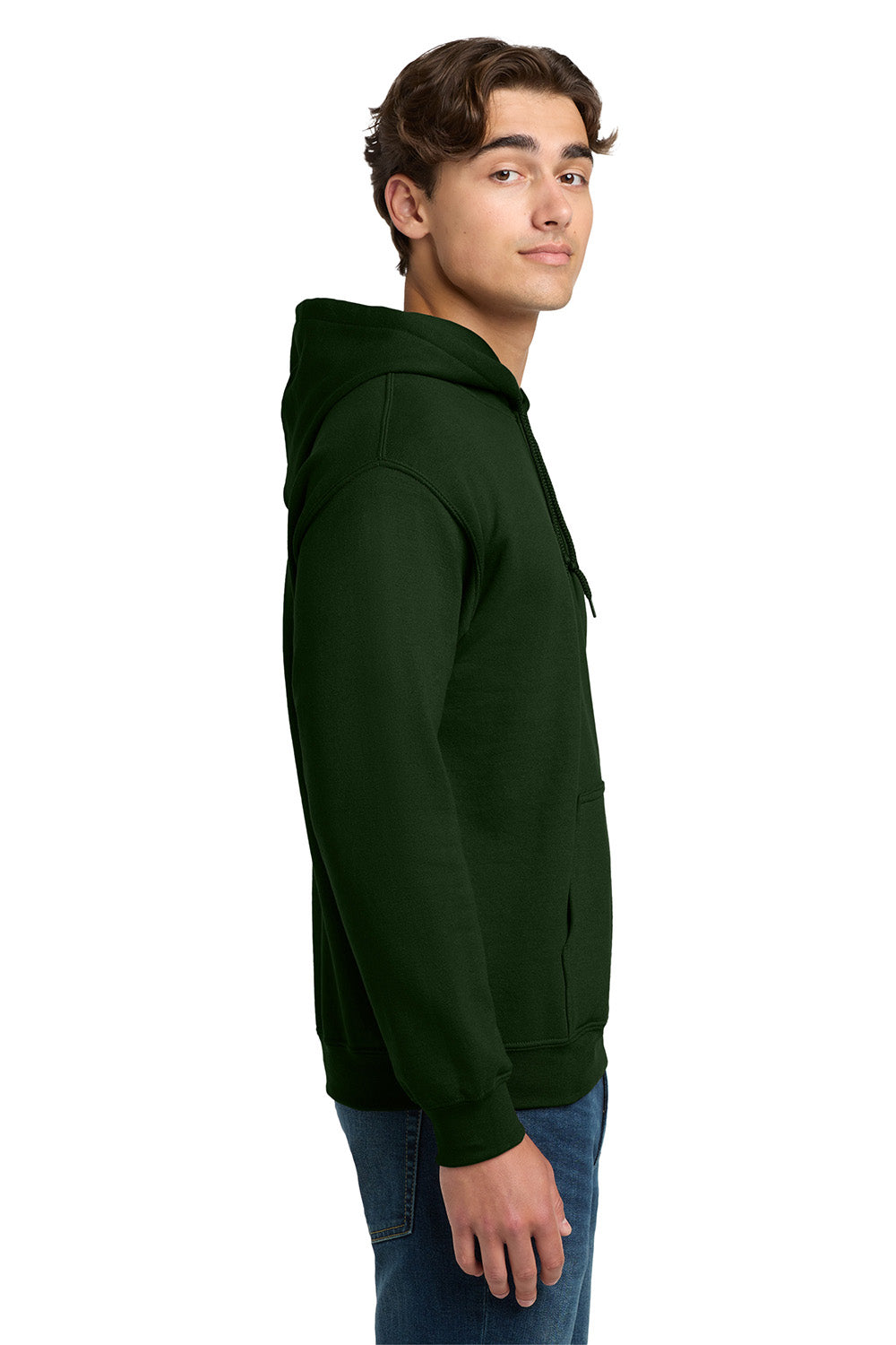 Gildan 12500/G125 Mens DryBlend Moisture Wicking Hooded Sweatshirt Hoodie w/ Pouch Pocket Forest Green Model Side