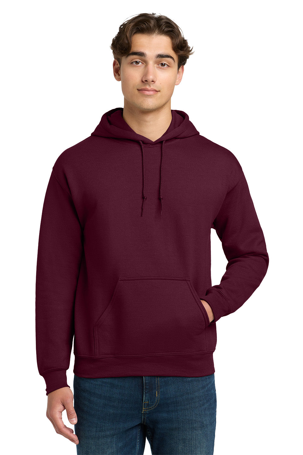 Gildan 12500/G125 Mens DryBlend Moisture Wicking Hooded Sweatshirt Hoodie w/ Pouch Pocket Maroon Model Front