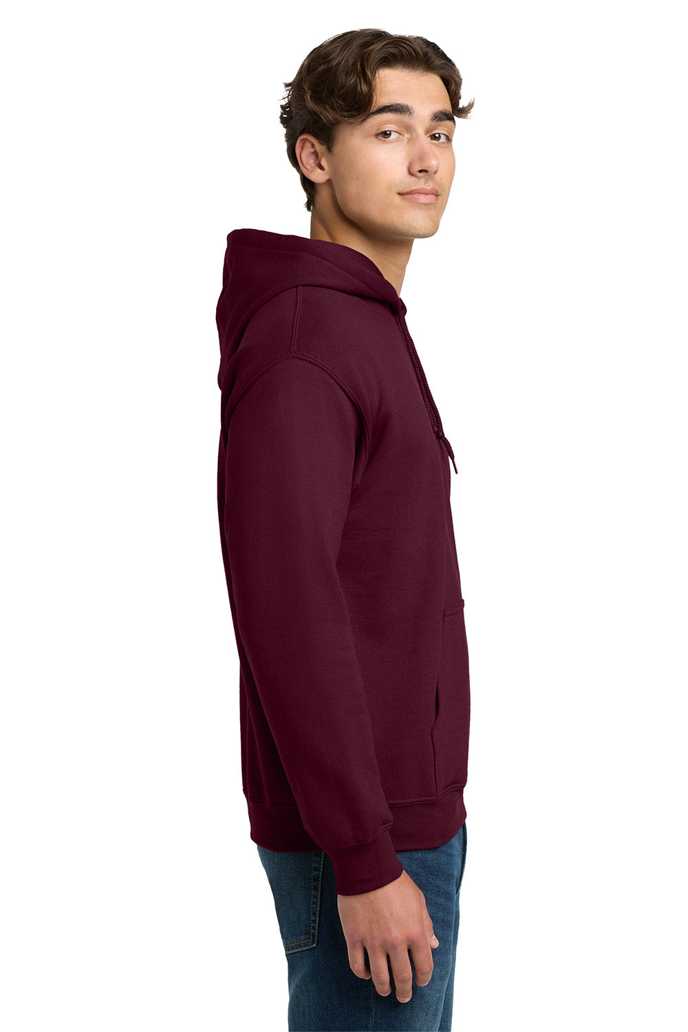 Gildan 12500/G125 Mens DryBlend Moisture Wicking Hooded Sweatshirt Hoodie w/ Pouch Pocket Maroon Model Side