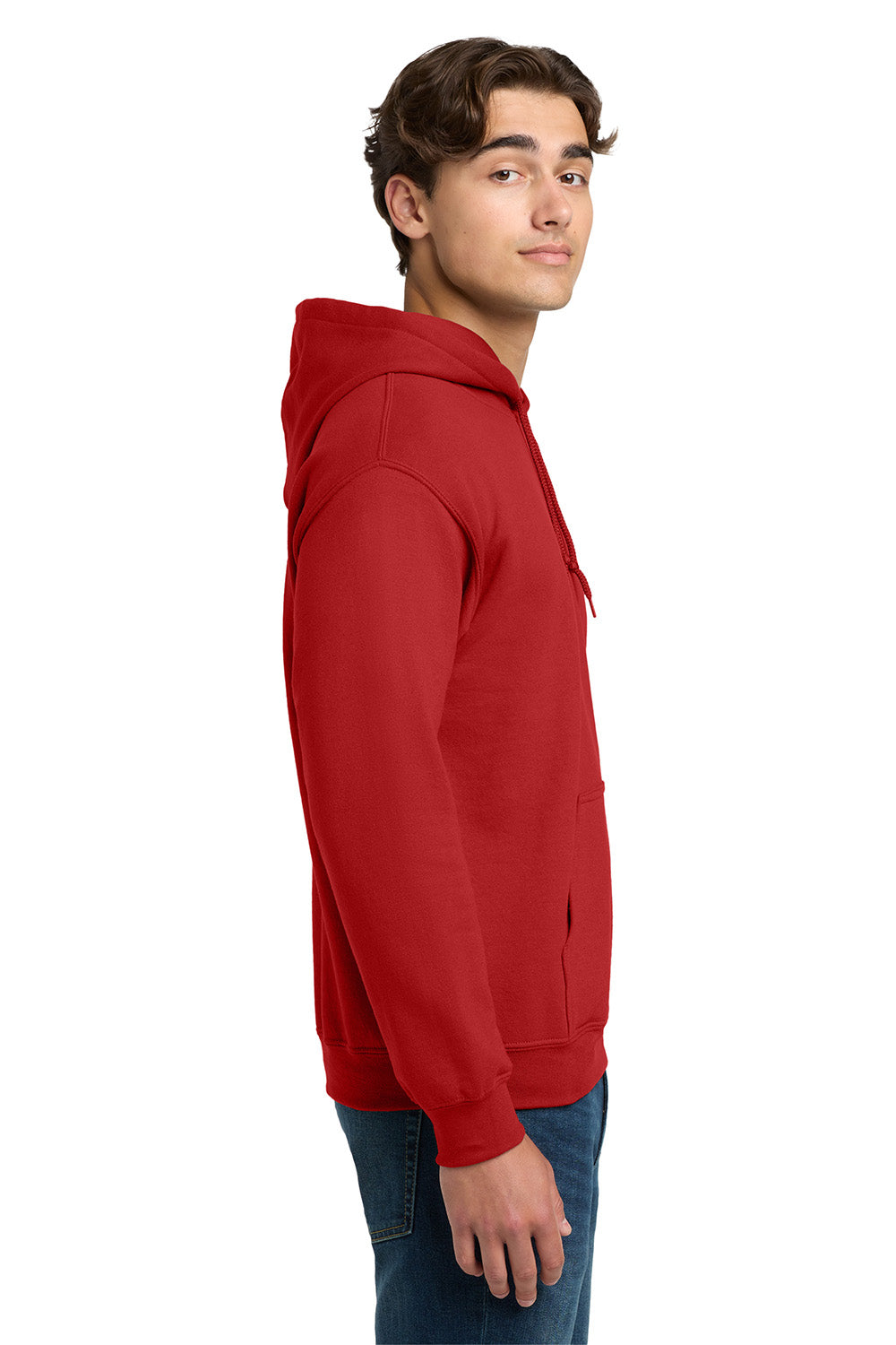 Gildan 12500/G125 Mens DryBlend Moisture Wicking Hooded Sweatshirt Hoodie w/ Pouch Pocket Red Model Side