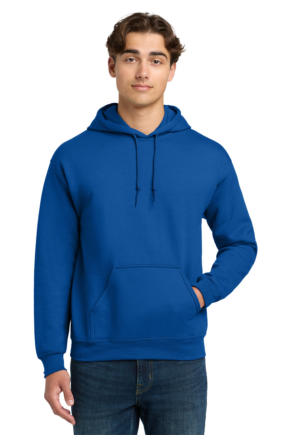 Gildan 12500/G125 Mens DryBlend Moisture Wicking Hooded Sweatshirt Hoodie w/ Pouch Pocket Royal Blue Model Front