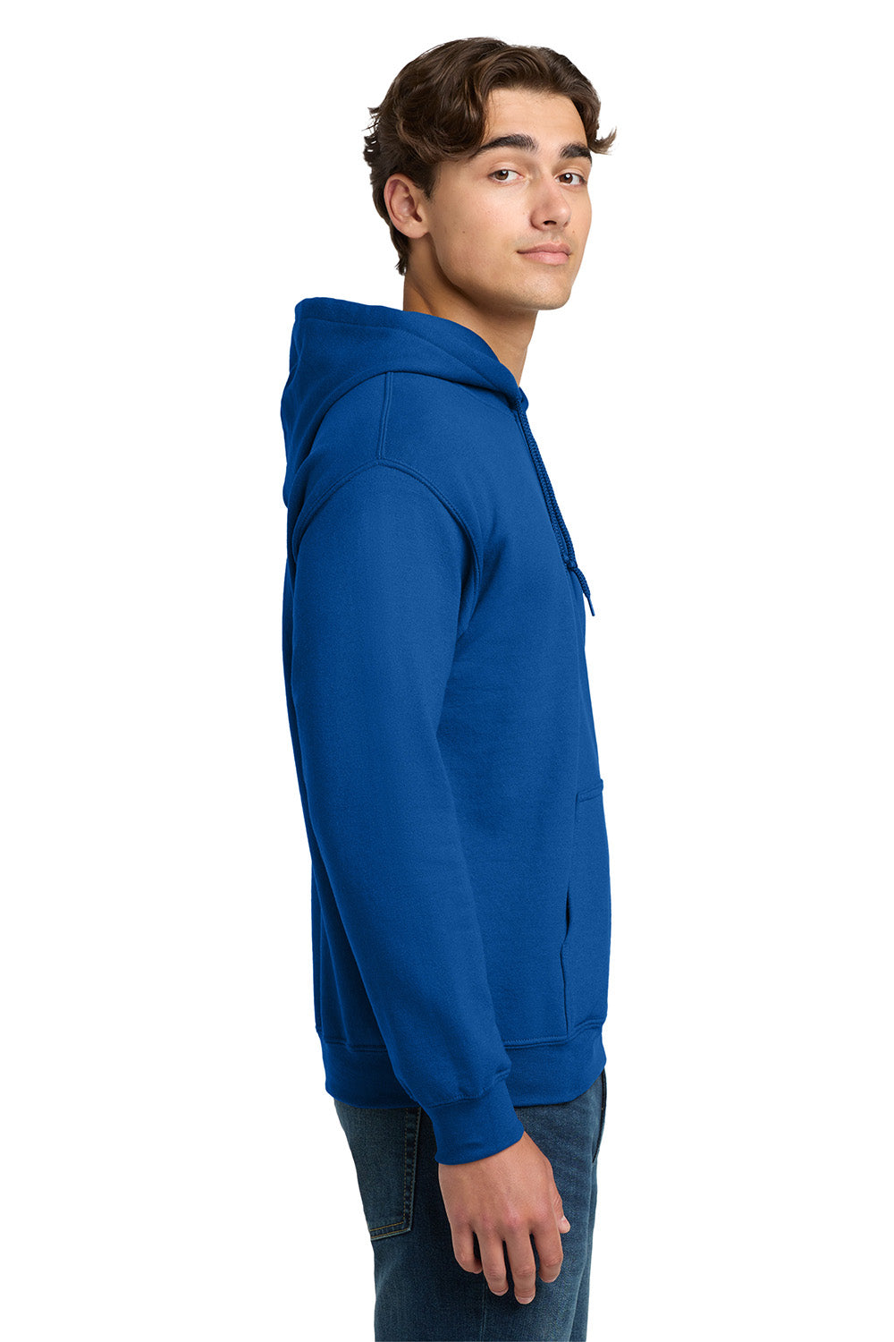 Gildan 12500/G125 Mens DryBlend Moisture Wicking Hooded Sweatshirt Hoodie w/ Pouch Pocket Royal Blue Model Side