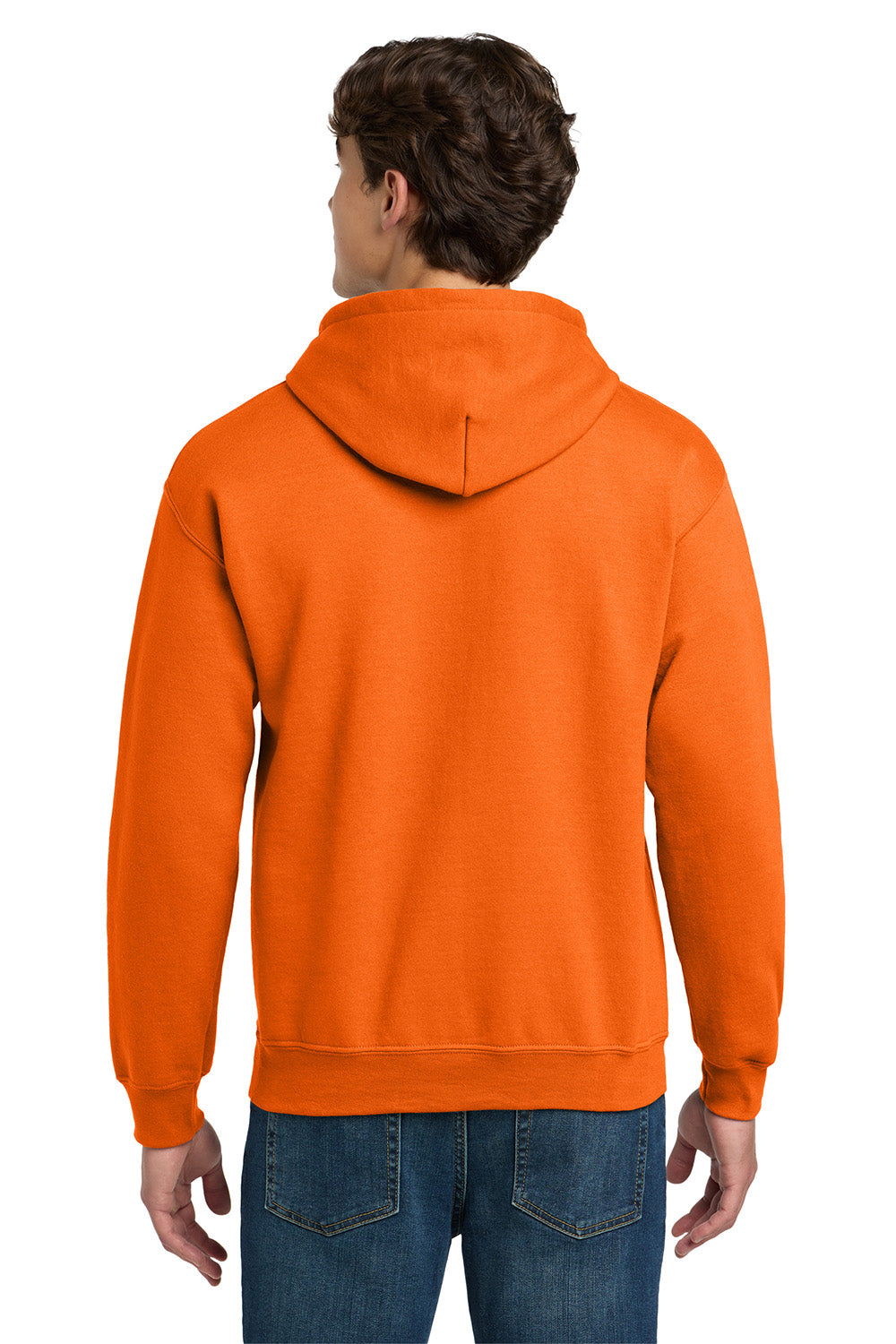 Gildan 12500/G125 Mens DryBlend Moisture Wicking Hooded Sweatshirt Hoodie w/ Pouch Pocket Safety Orange Model Back