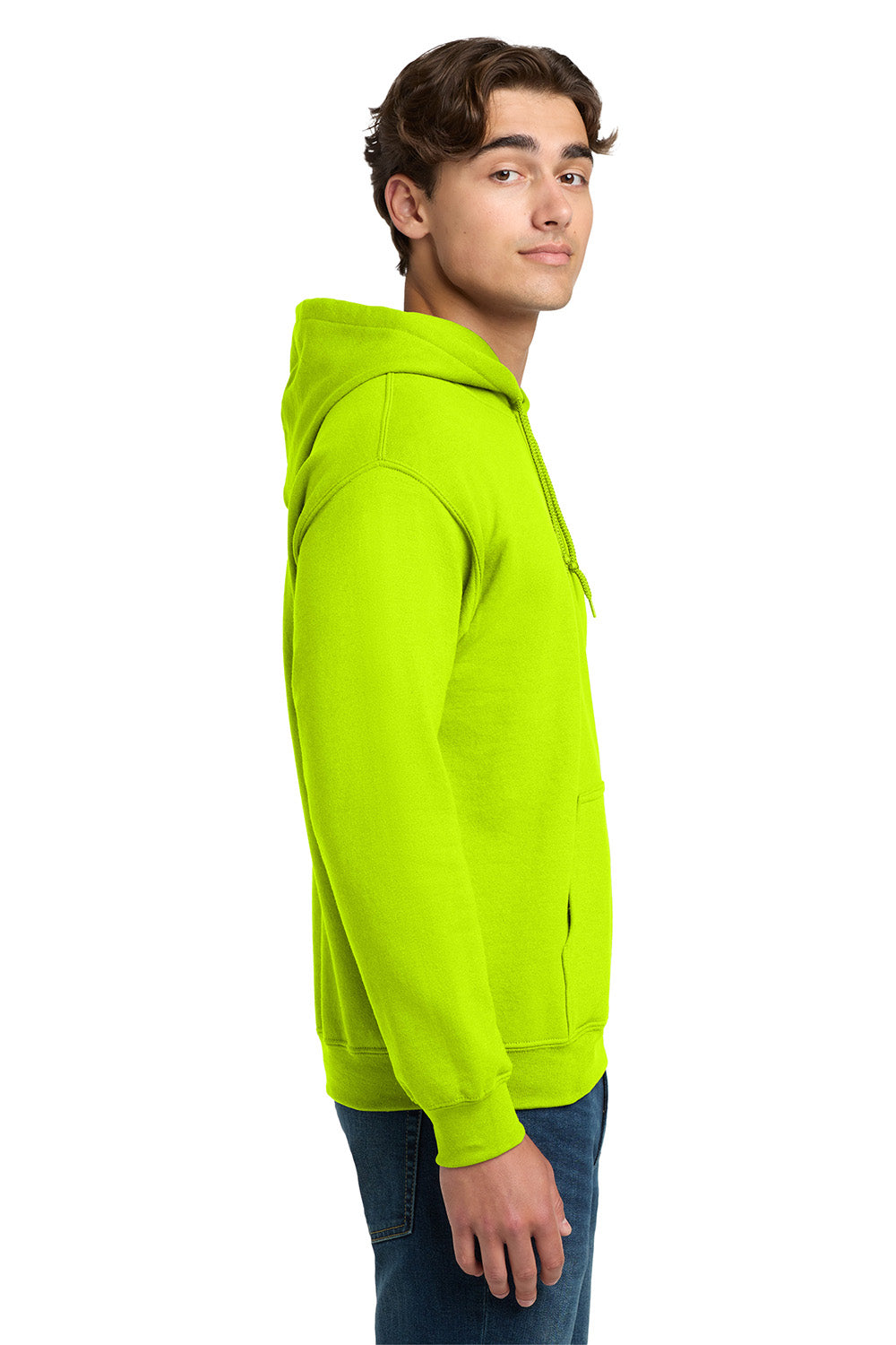 Gildan 12500/G125 Mens DryBlend Moisture Wicking Hooded Sweatshirt Hoodie w/ Pouch Pocket Safety Green Model Side