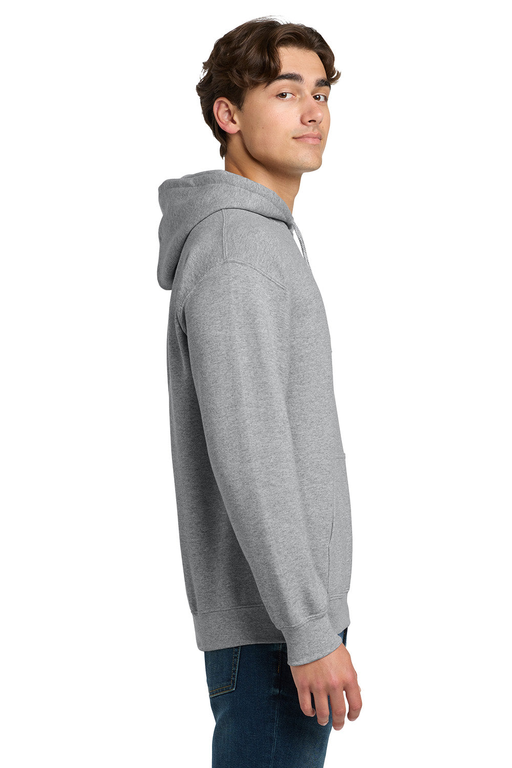 Gildan 12500/G125 Mens DryBlend Moisture Wicking Hooded Sweatshirt Hoodie w/ Pouch Pocket Sport Grey Model Side