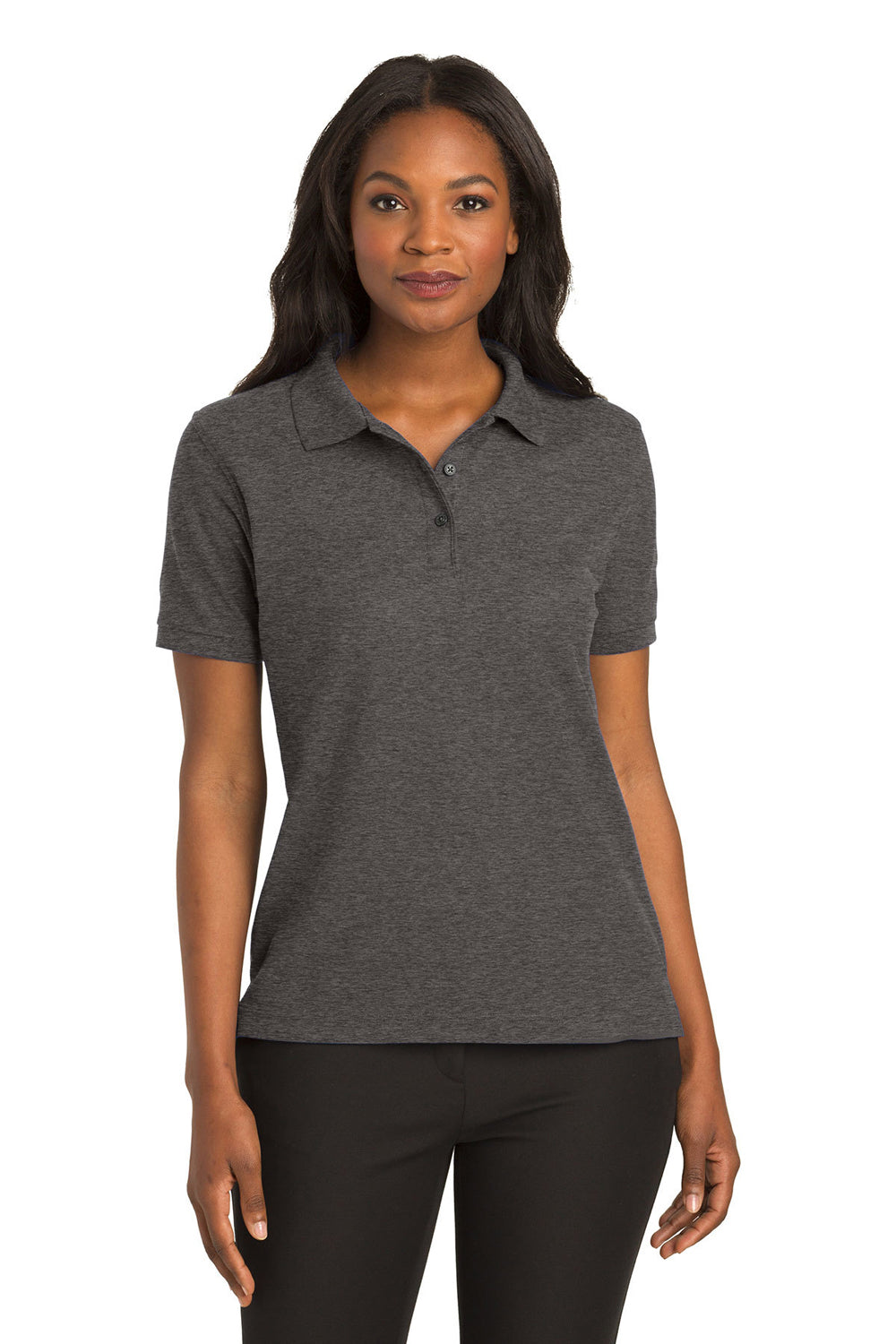 Port Authority L500 Womens Silk Touch Wrinkle Resistant Short Sleeve Polo Shirt Heather Charcoal Grey Model Front