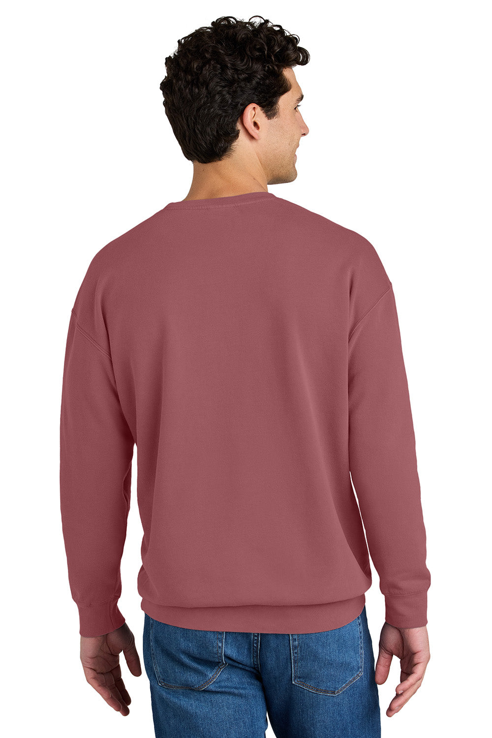 Comfort Colors 1466 Mens Garment Dyed Fleece Crewneck Sweatshirt Crimson Red Model Back