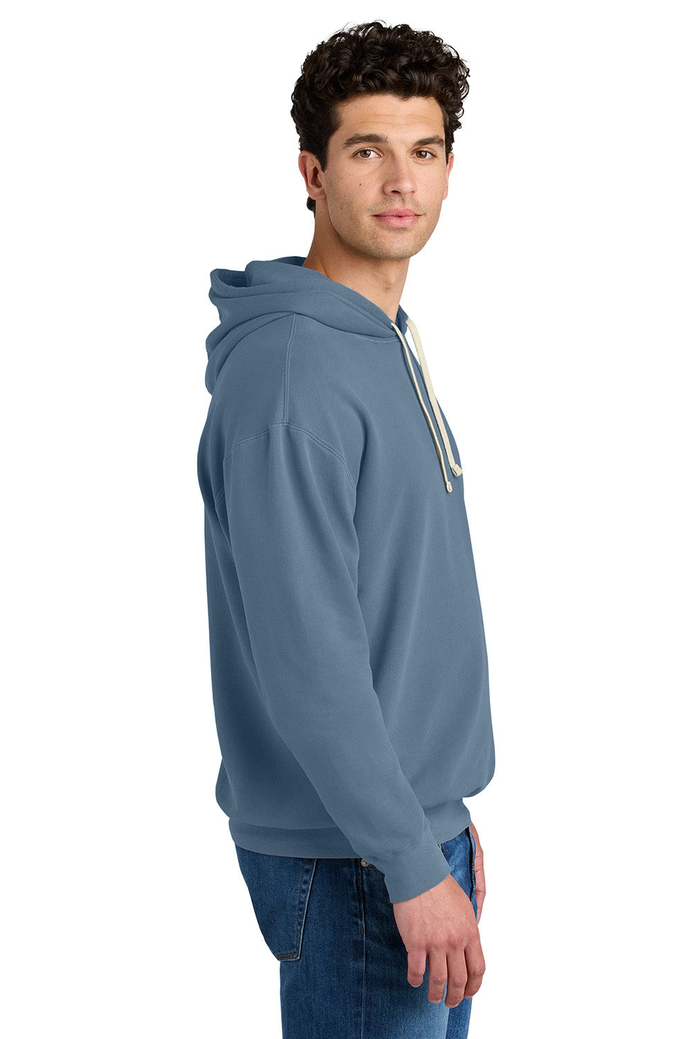 Comfort Colors 1467 Mens Garment Dyed Fleece Hooded Sweatshirt Hoodie Blue Jean Model Side