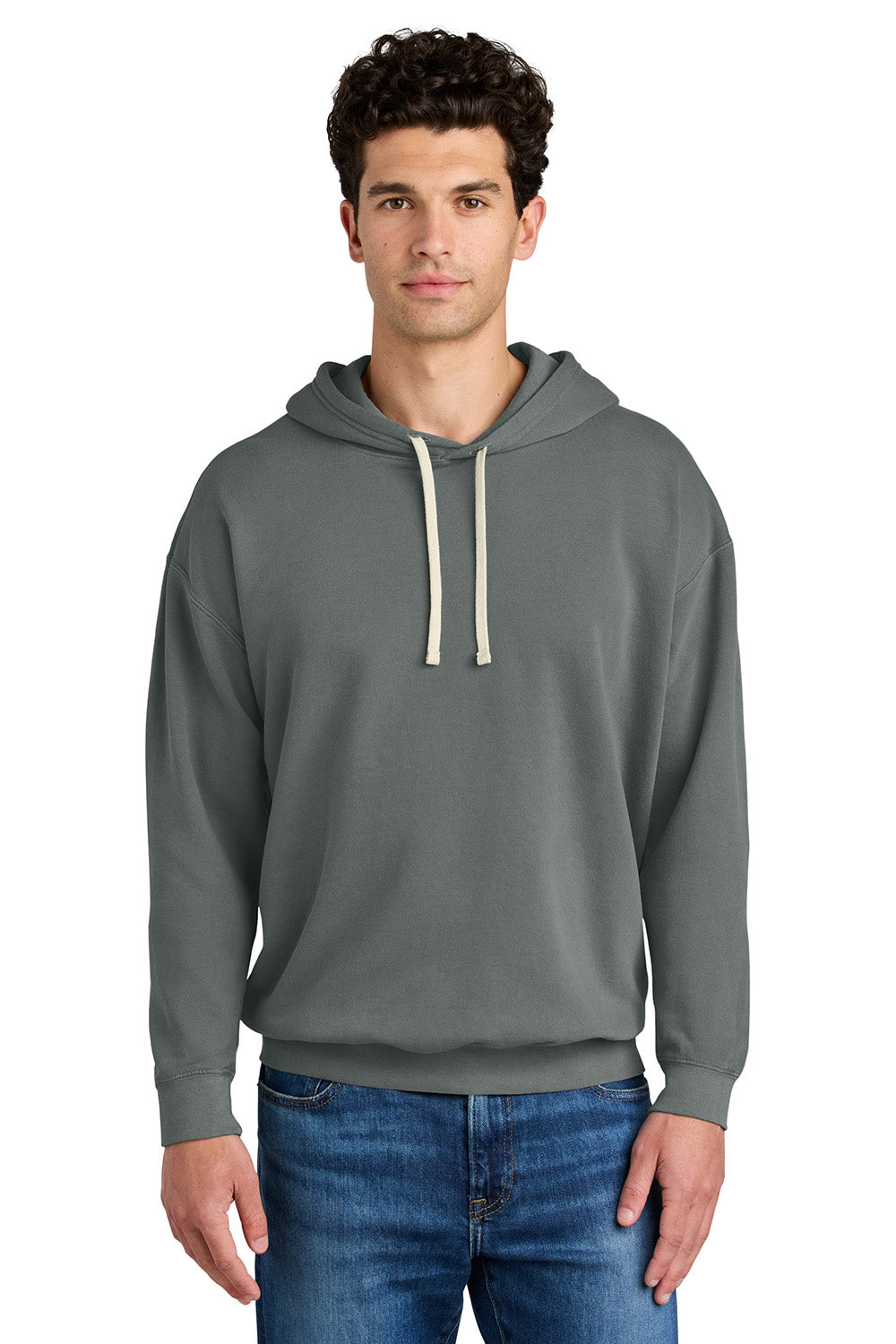 Comfort Colors 1467 Mens Garment Dyed Fleece Hooded Sweatshirt Hoodie Grey Model Front