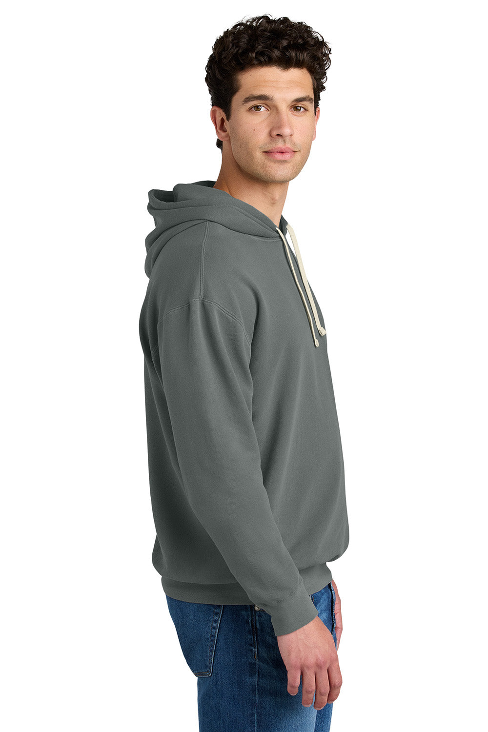 Comfort Colors 1467 Mens Garment Dyed Fleece Hooded Sweatshirt Hoodie Grey Model Side