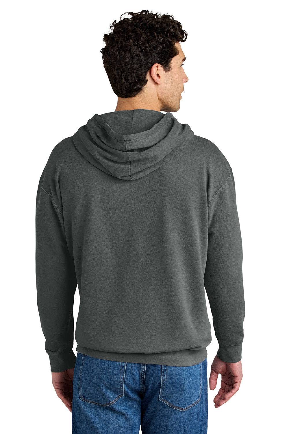 Comfort Colors 1467 Mens Garment Dyed Fleece Hooded Sweatshirt Hoodie Pepper Grey Model Back