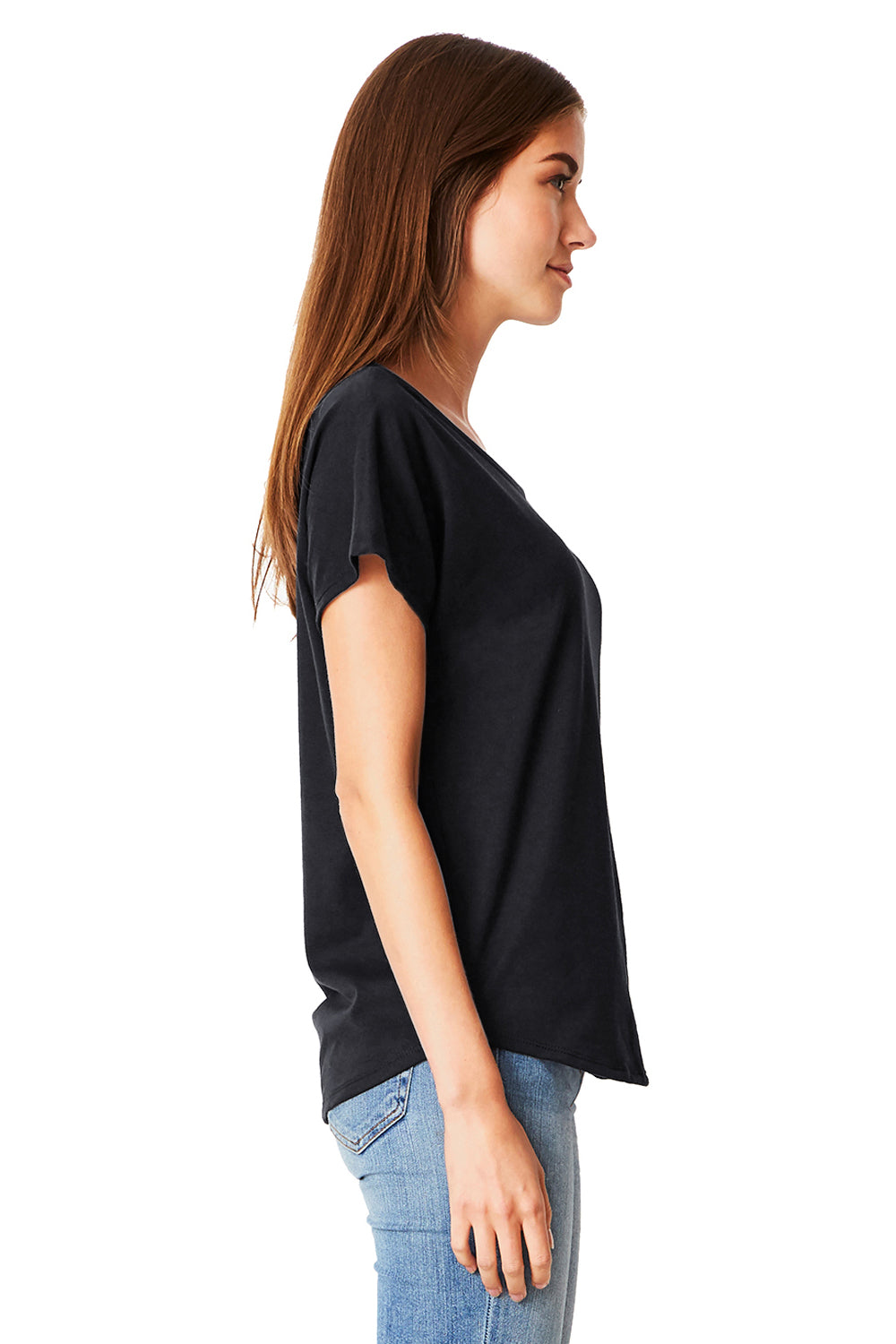 Next Level 1560 Womens Ideal Dolman Short Sleeve Crewneck T-Shirt Black Model Side