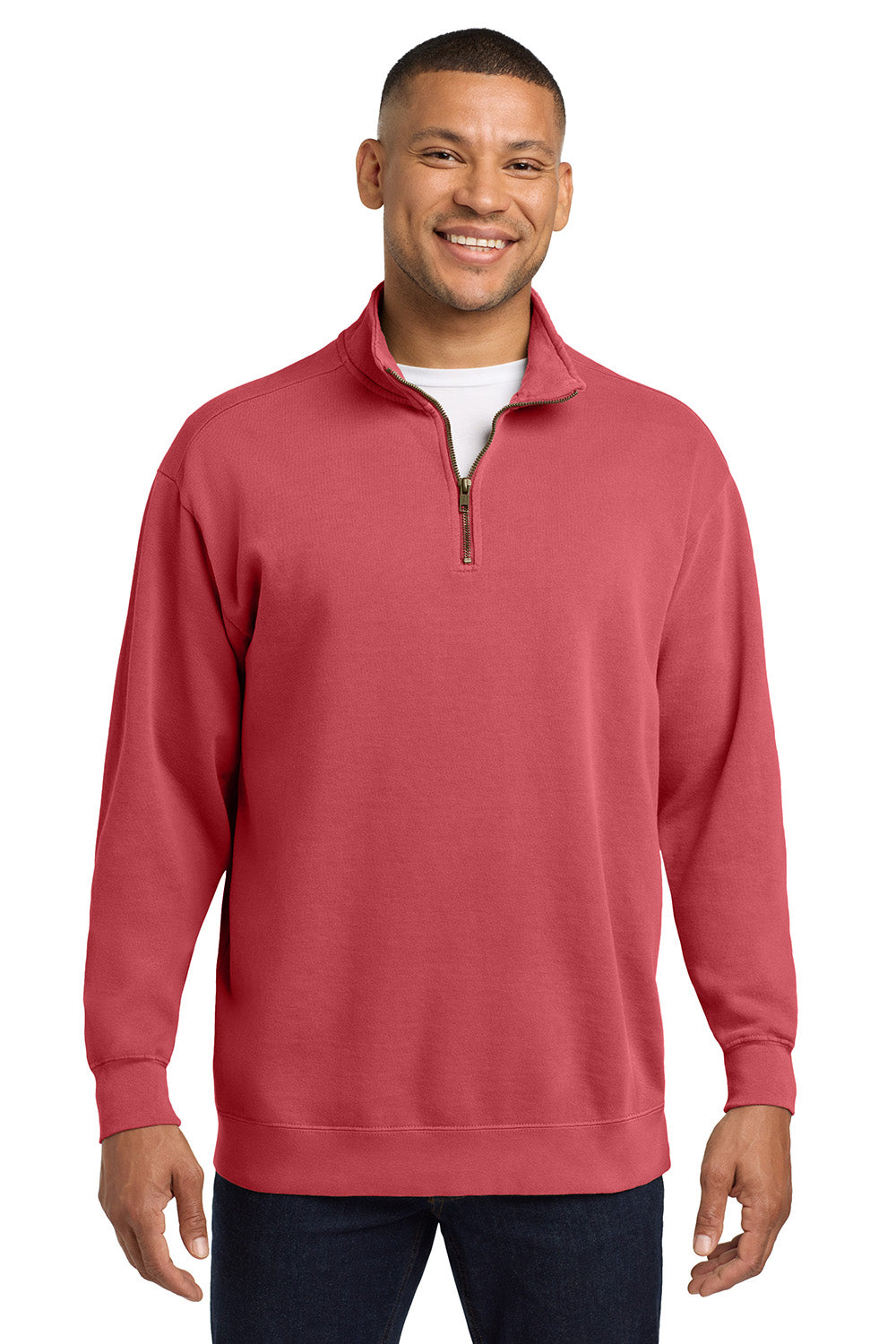 Comfort Colors 1580 Mens 1/4 Zip Sweatshirt Crimson Red Model Front