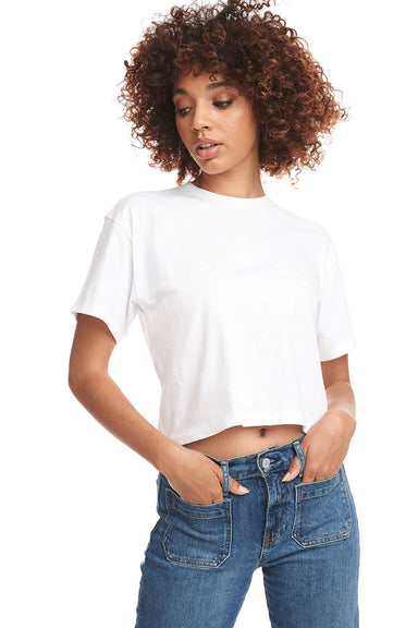 Next Level 1580NL Womens Ideal Crop Short Sleeve Crewneck T-Shirt White Model Front