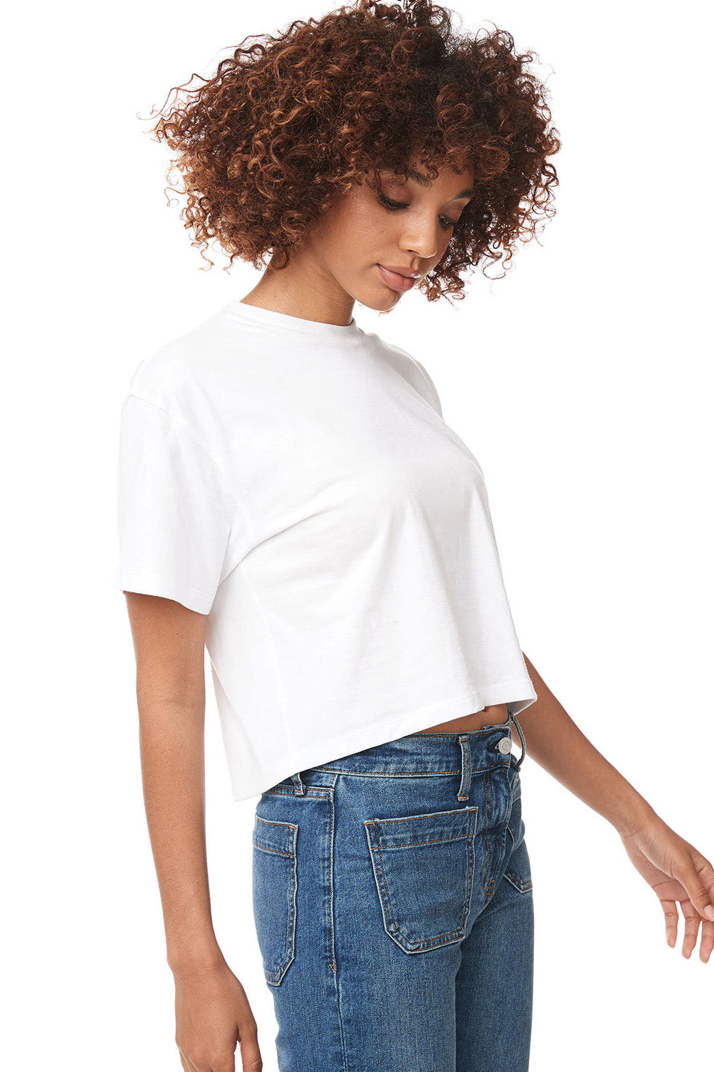 Next Level 1580NL Womens Ideal Crop Short Sleeve Crewneck T-Shirt White Model Side