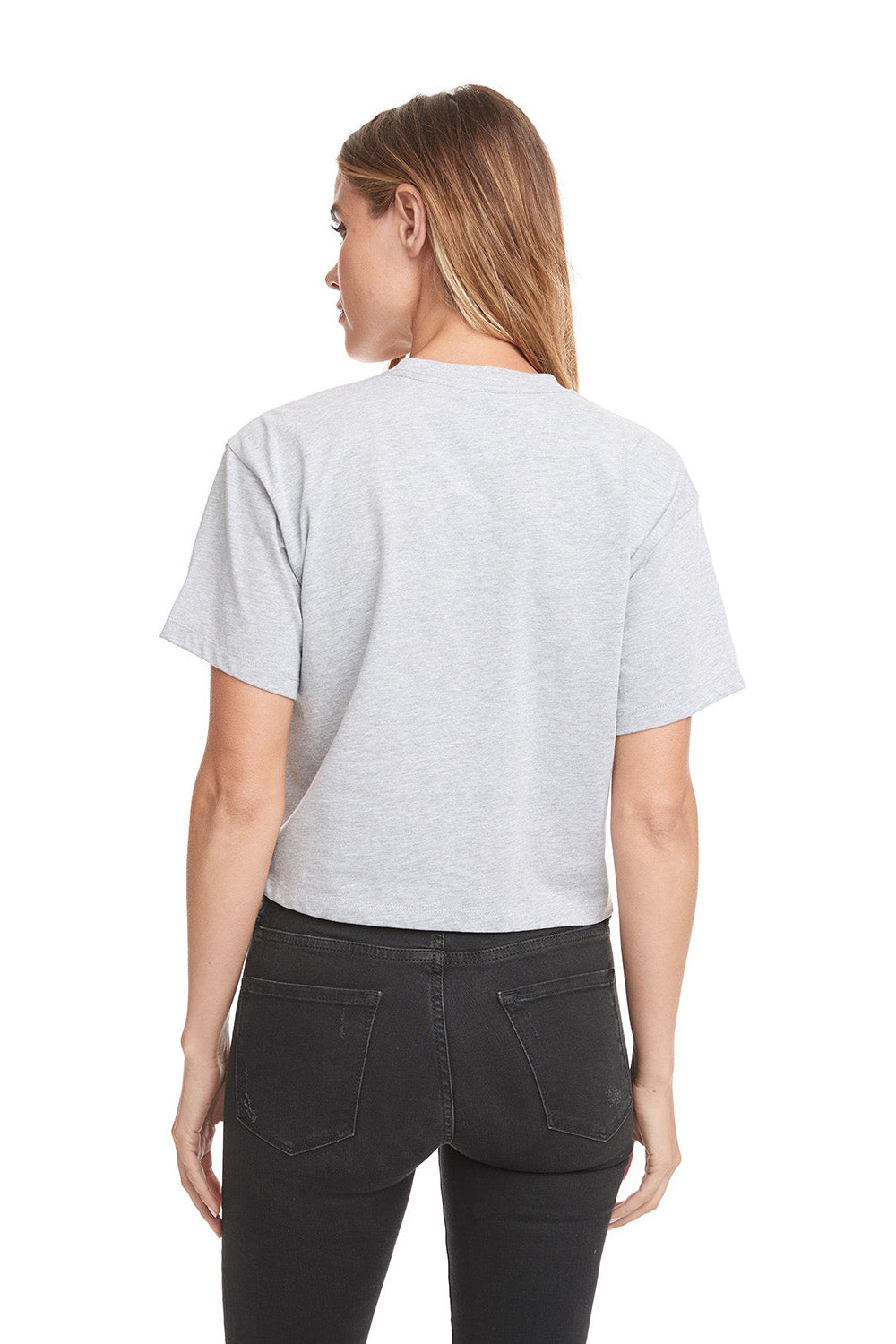 Next Level 1580NL Womens Ideal Crop Short Sleeve Crewneck T-Shirt Heather Grey Model Back