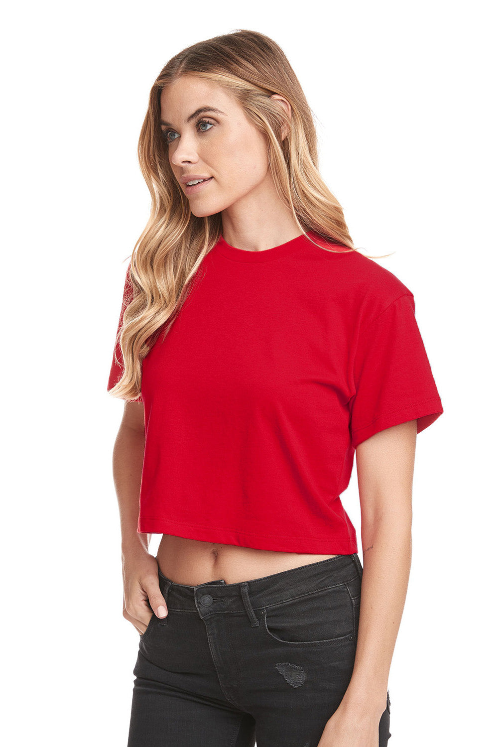 Next Level 1580NL Womens Ideal Crop Short Sleeve Crewneck T-Shirt Red Model Side