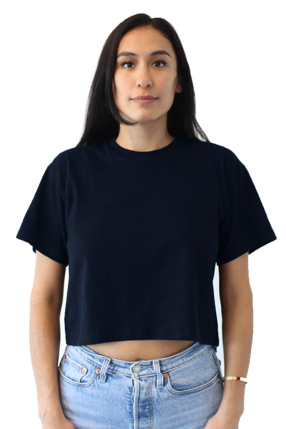 Next Level 1580NL Womens Ideal Crop Short Sleeve Crewneck T-Shirt Midnight Navy Blue Model Front