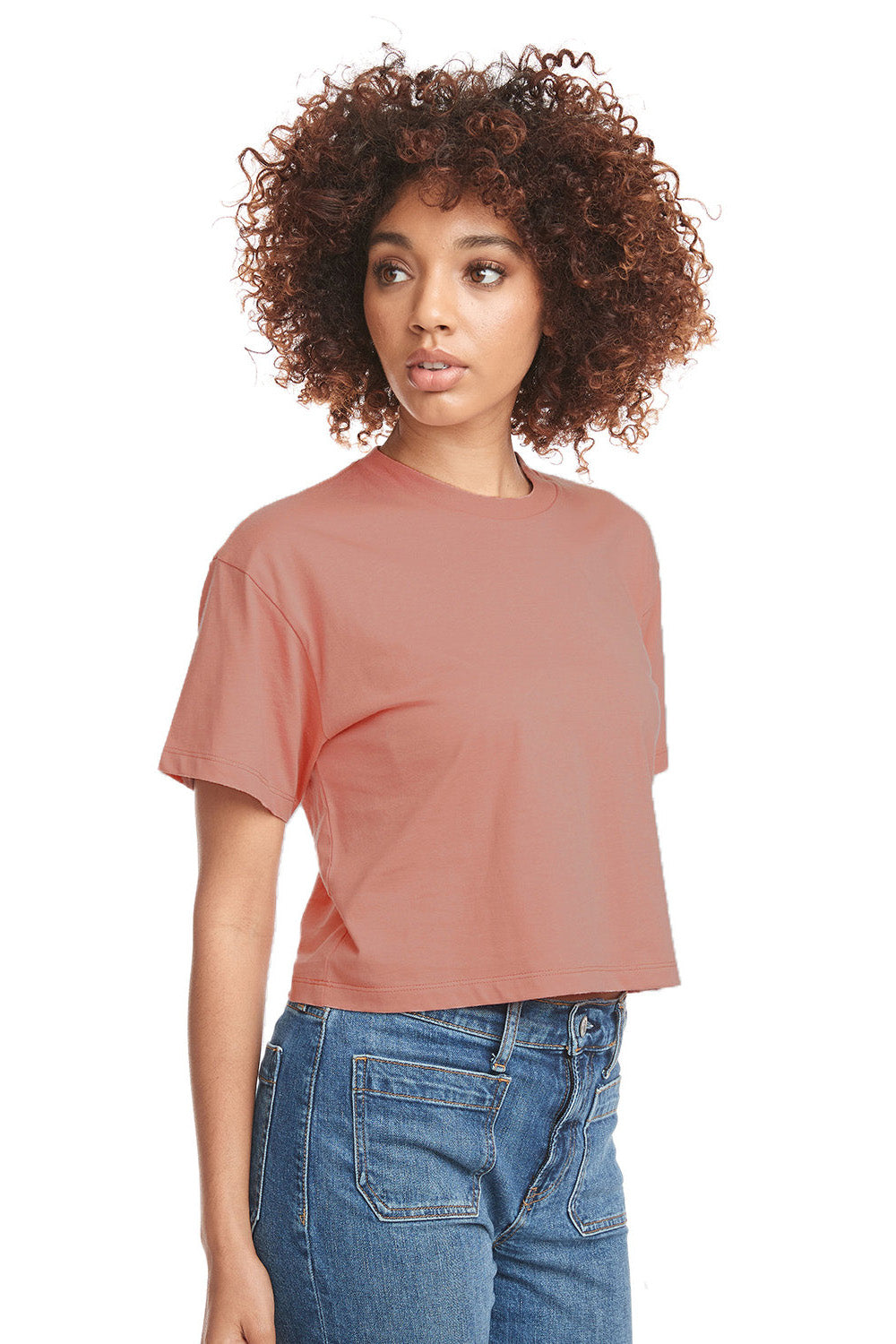 Next Level 1580NL Womens Ideal Crop Short Sleeve Crewneck T-Shirt Desert Pink Model Side