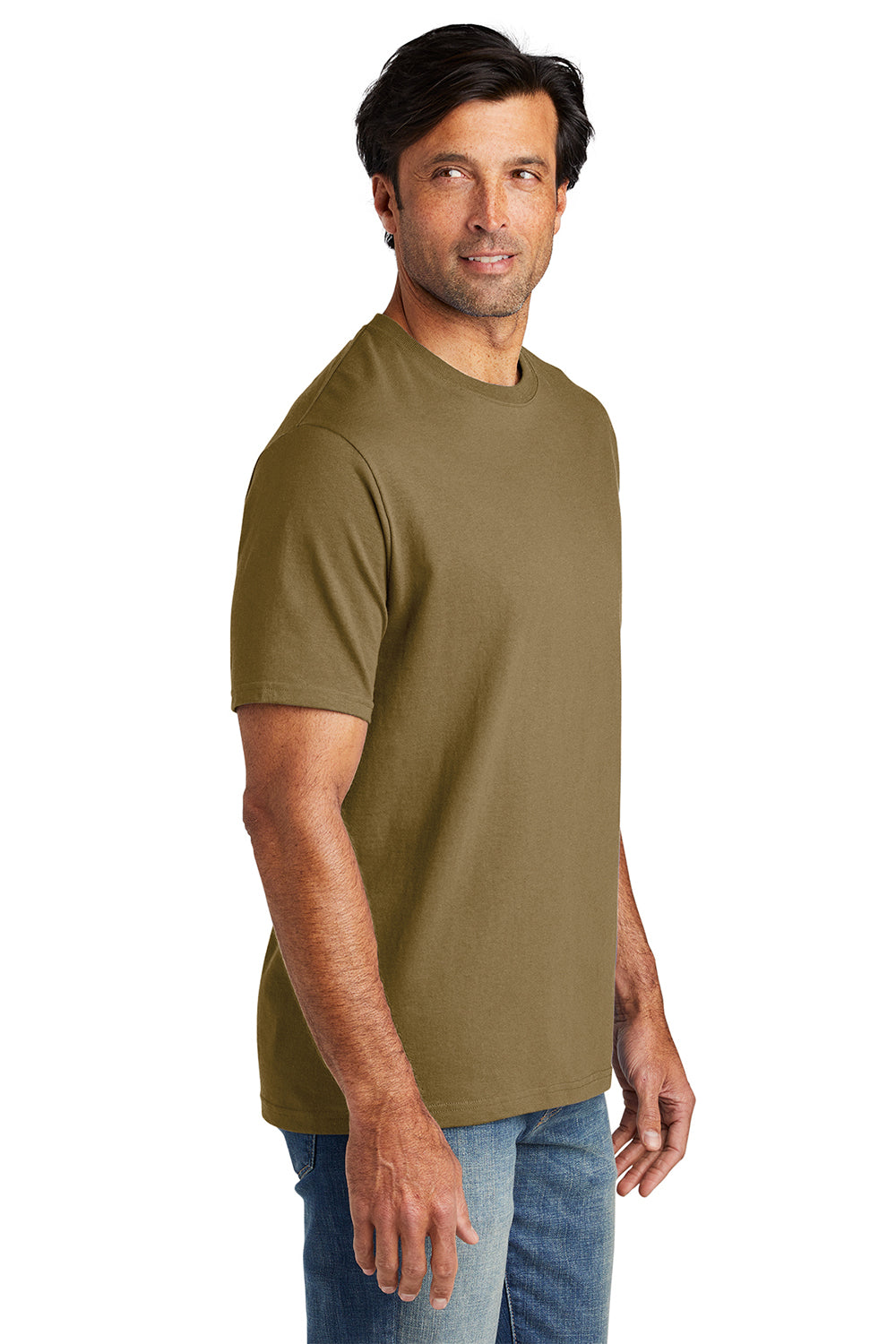 Volunteer Knitwear VL100 Mens USA Made All American Short Sleeve Crewneck T-Shirt Coyote Brown Model Side