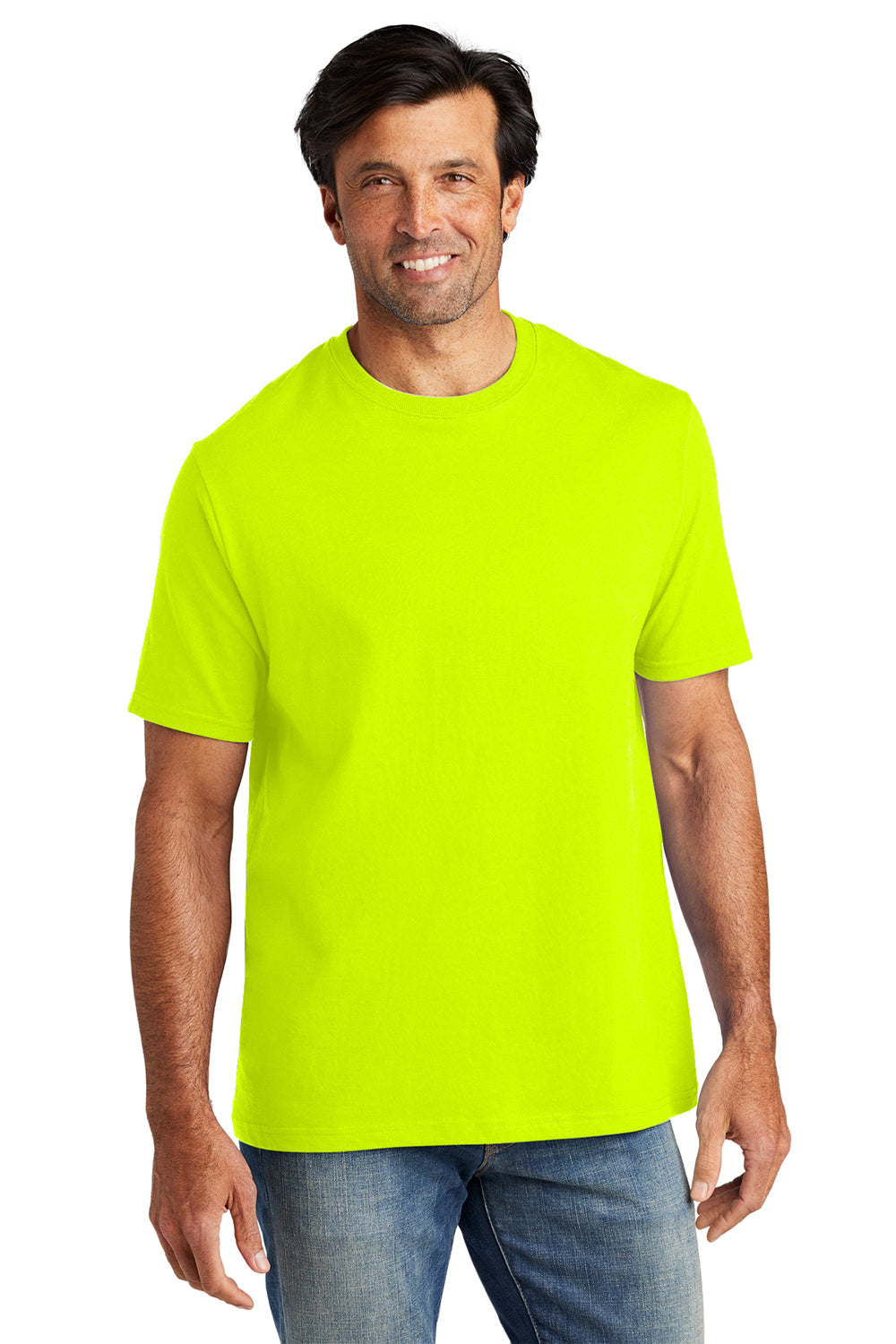 Volunteer Knitwear VL100 Mens USA Made All American Short Sleeve Crewneck T-Shirt Safety Green Model Front