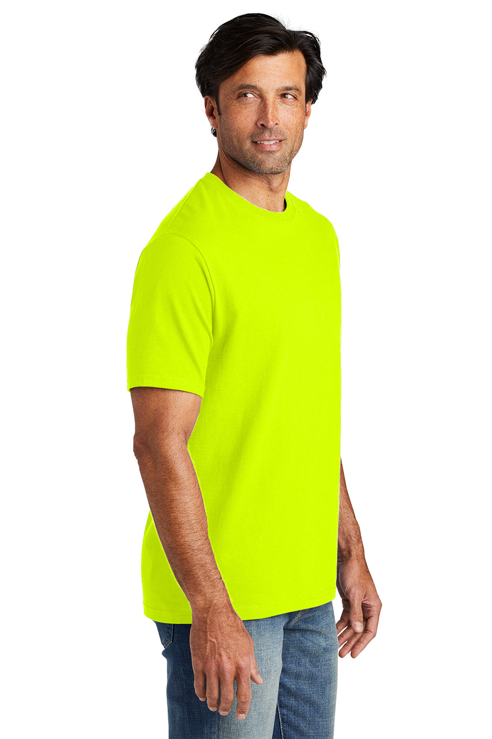 Volunteer Knitwear VL100 Mens USA Made All American Short Sleeve Crewneck T-Shirt Safety Green Model Side