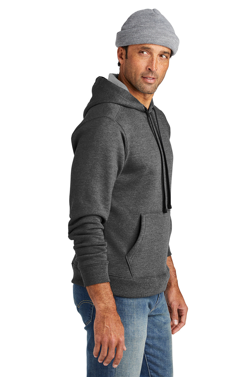 Volunteer Knitwear VL130H Mens USA Made Chore Fleece Hooded Sweatshirt Hoodie Heather Charcoal Grey Model Side