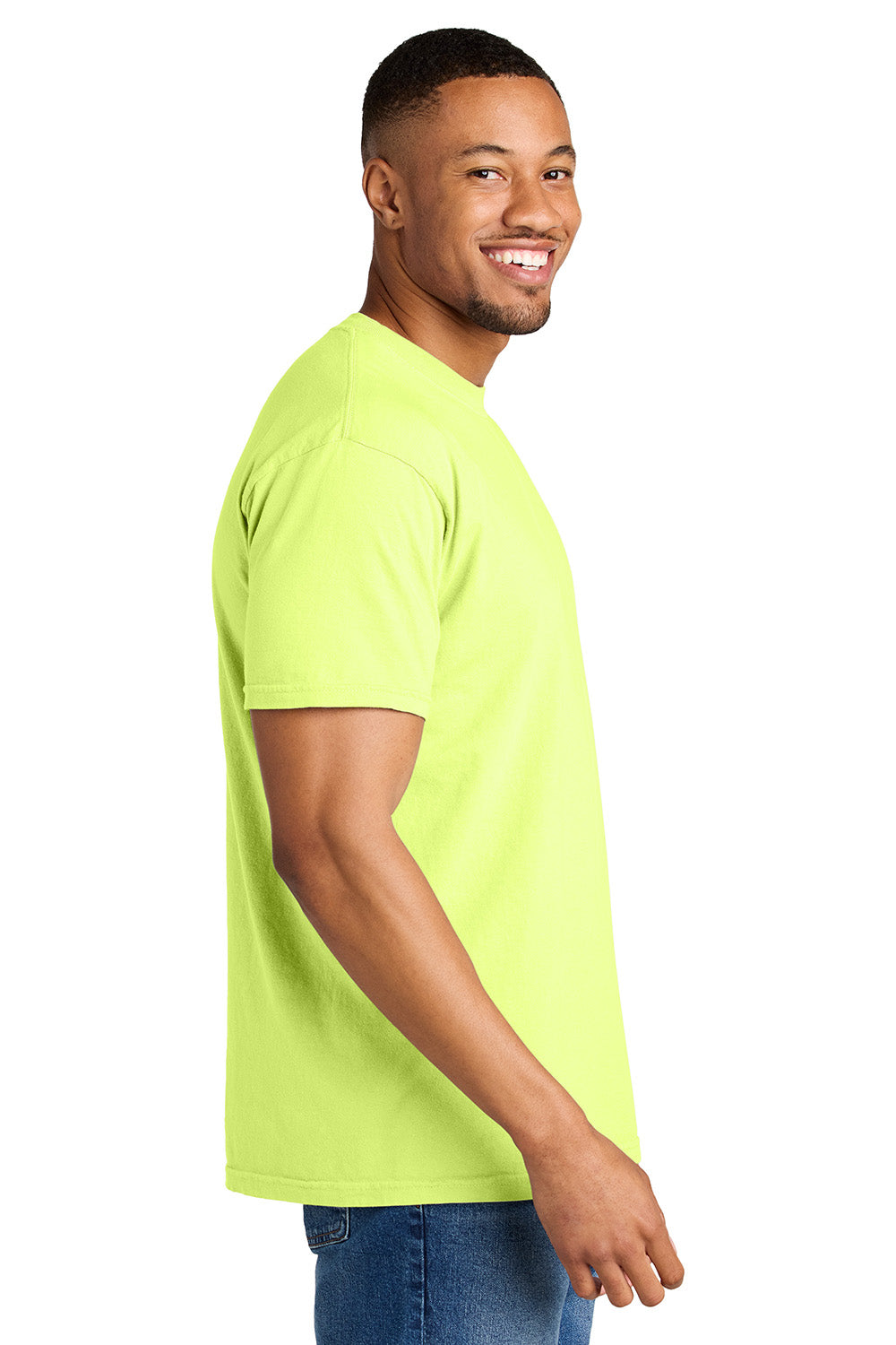 Comfort Colors 1717/C1717 Mens Short Sleeve Crewneck T-Shirt Neon Lemon Yellow Model Side