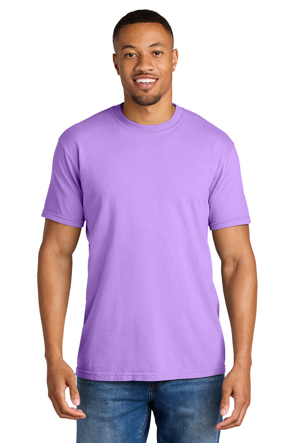 Comfort Colors 1717/C1717 Mens Short Sleeve Crewneck T-Shirt Neon Violet Purple Model Front