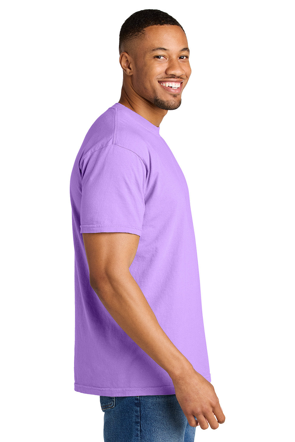 Comfort Colors 1717/C1717 Mens Short Sleeve Crewneck T-Shirt Neon Violet Purple Model Side