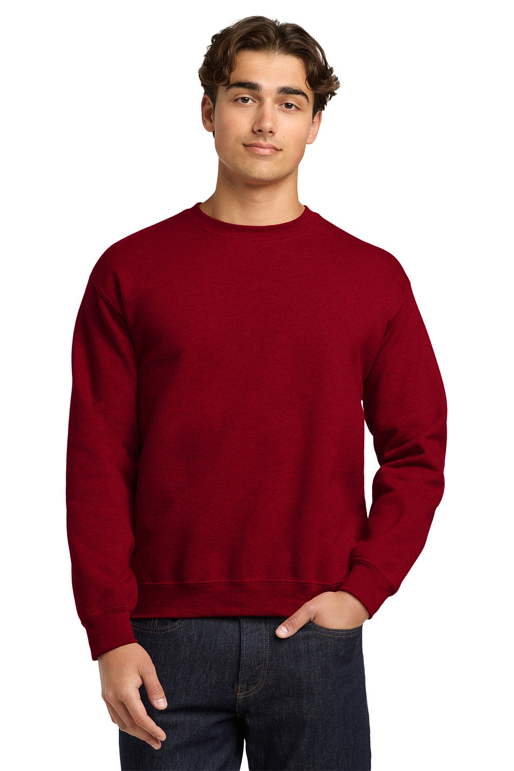 Gildan 18000/G180 Mens Pill Resistant Fleece Crewneck Sweatshirt Antique Cherry Red Model Front