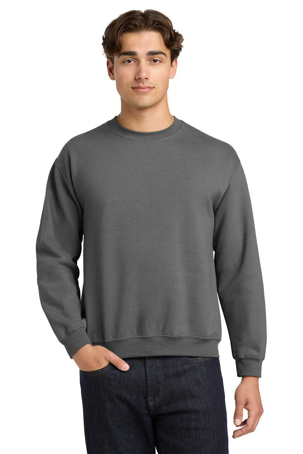 Gildan 18000/G180 Mens Pill Resistant Fleece Crewneck Sweatshirt Charcoal Grey Model Front