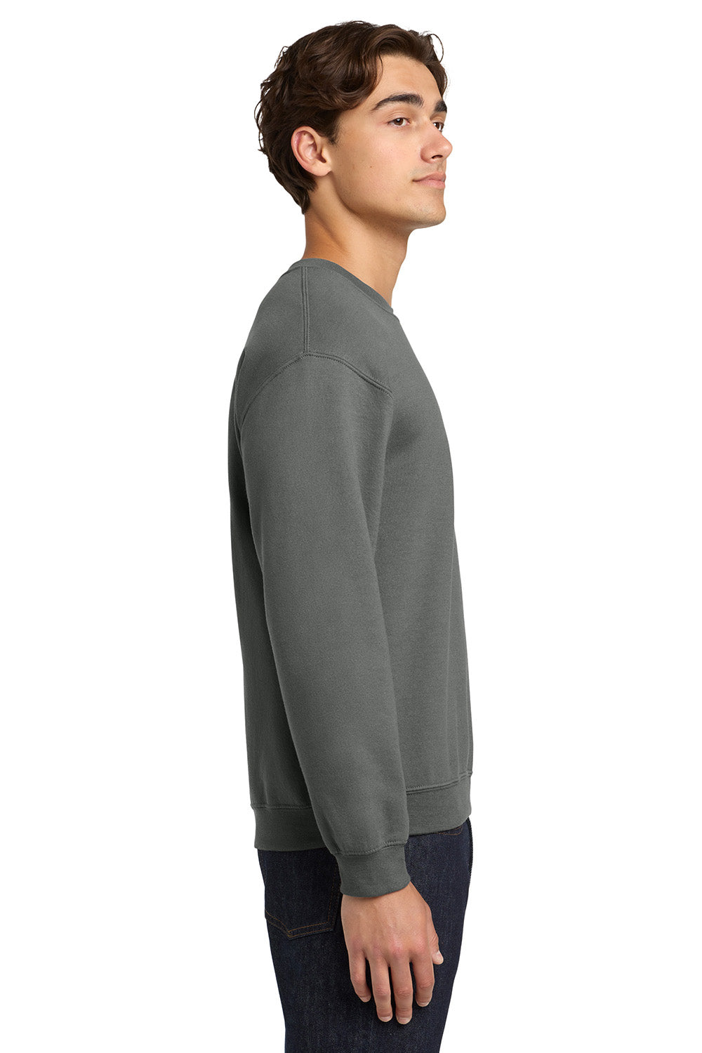 Gildan 18000/G180 Mens Pill Resistant Fleece Crewneck Sweatshirt Charcoal Grey Model Side