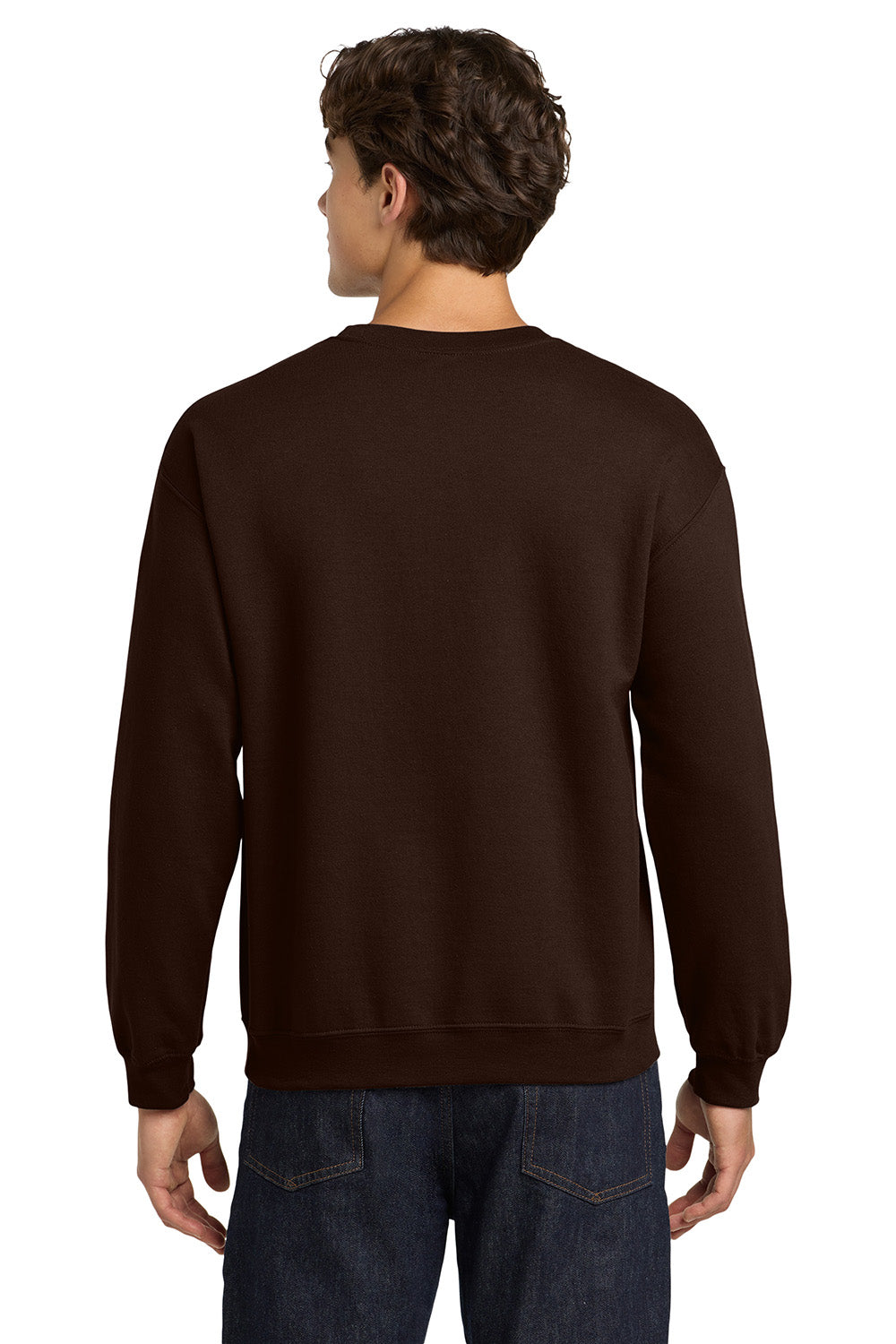 Gildan 18000/G180 Mens Pill Resistant Fleece Crewneck Sweatshirt Dark Chocolate Brown Model Back