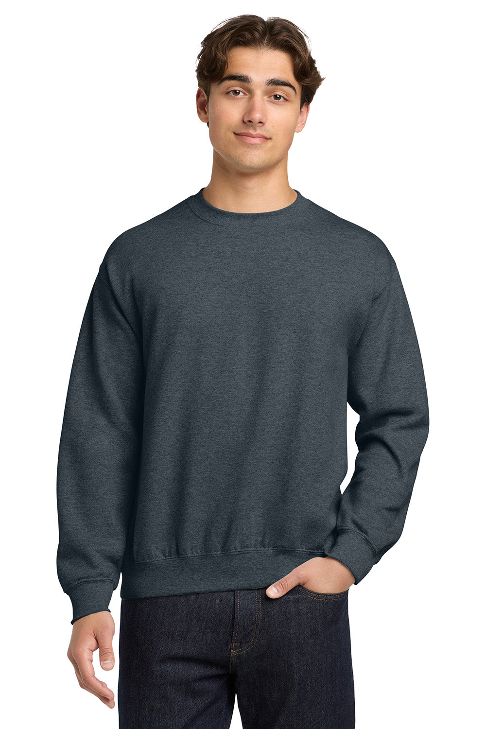 Gildan 18000/G180 Mens Pill Resistant Fleece Crewneck Sweatshirt Heather Dark Grey Model Front