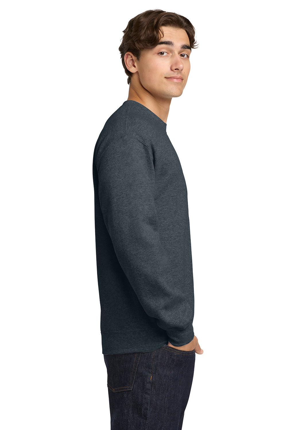 Gildan 18000/G180 Mens Pill Resistant Fleece Crewneck Sweatshirt Heather Dark Grey Model Side