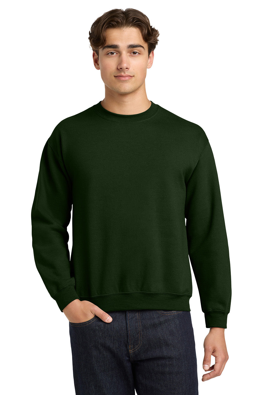 Gildan 18000/G180 Mens Pill Resistant Fleece Crewneck Sweatshirt Forest Green Model Front