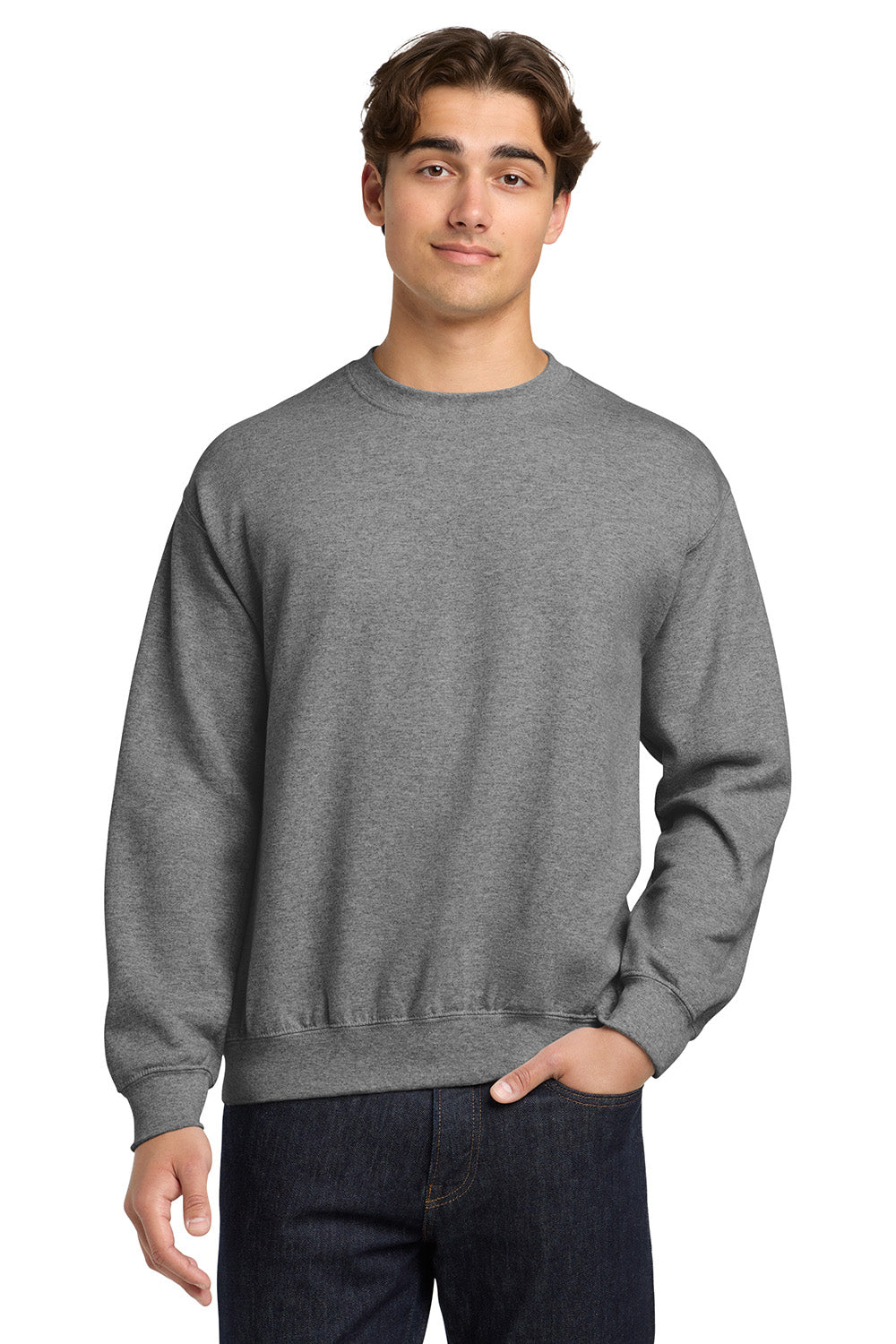 Gildan 18000/G180 Mens Pill Resistant Fleece Crewneck Sweatshirt Heather Graphite Grey Model Front